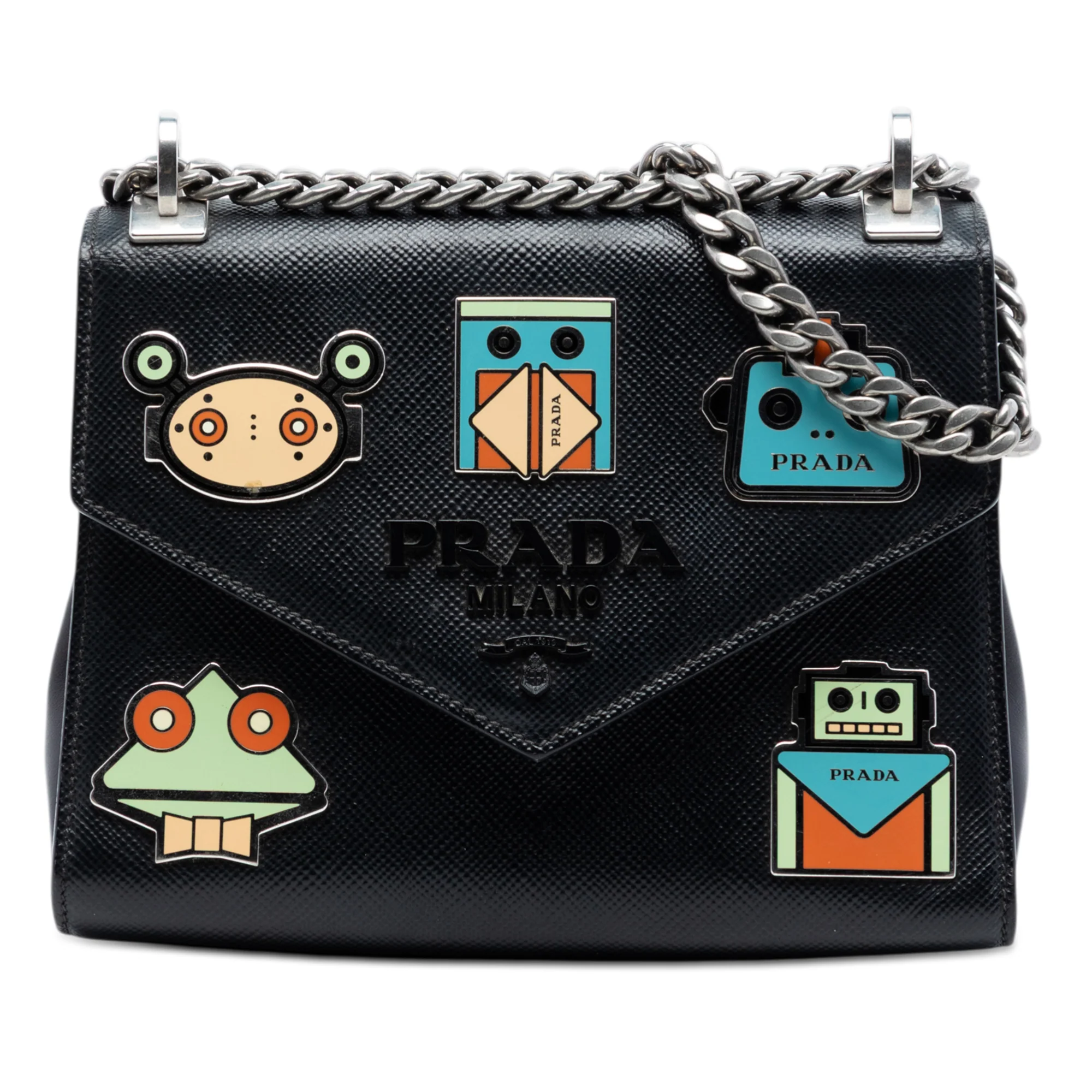 Saffiano Cuir Monochrome Robot Patches Envelope Chain Flap