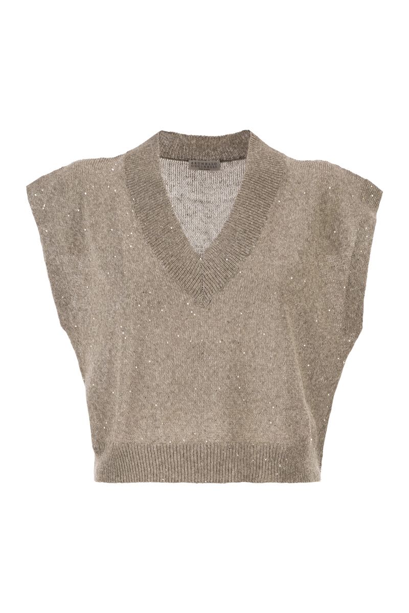 V-NECK TOP IN LINEN AND COTTON KNIT WITH SEQUINS
