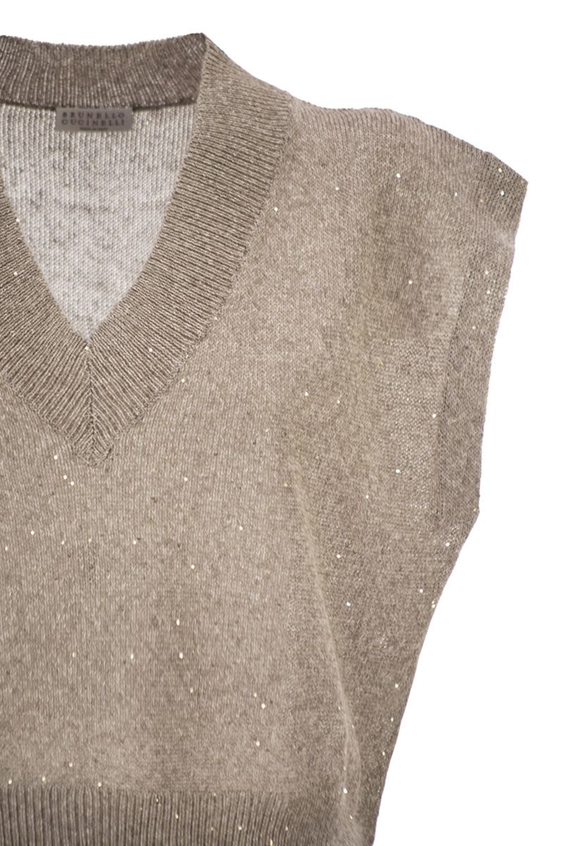 V-NECK TOP IN LINEN AND COTTON KNIT WITH SEQUINS - Image 4
